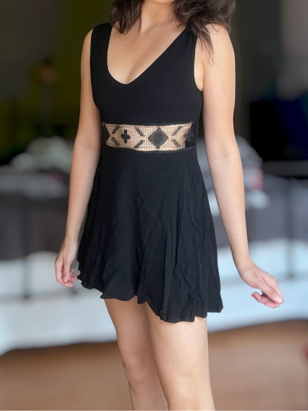 Free People "Summer Feeling" Mesh-trim Midi Dress in Black w/Pockets!